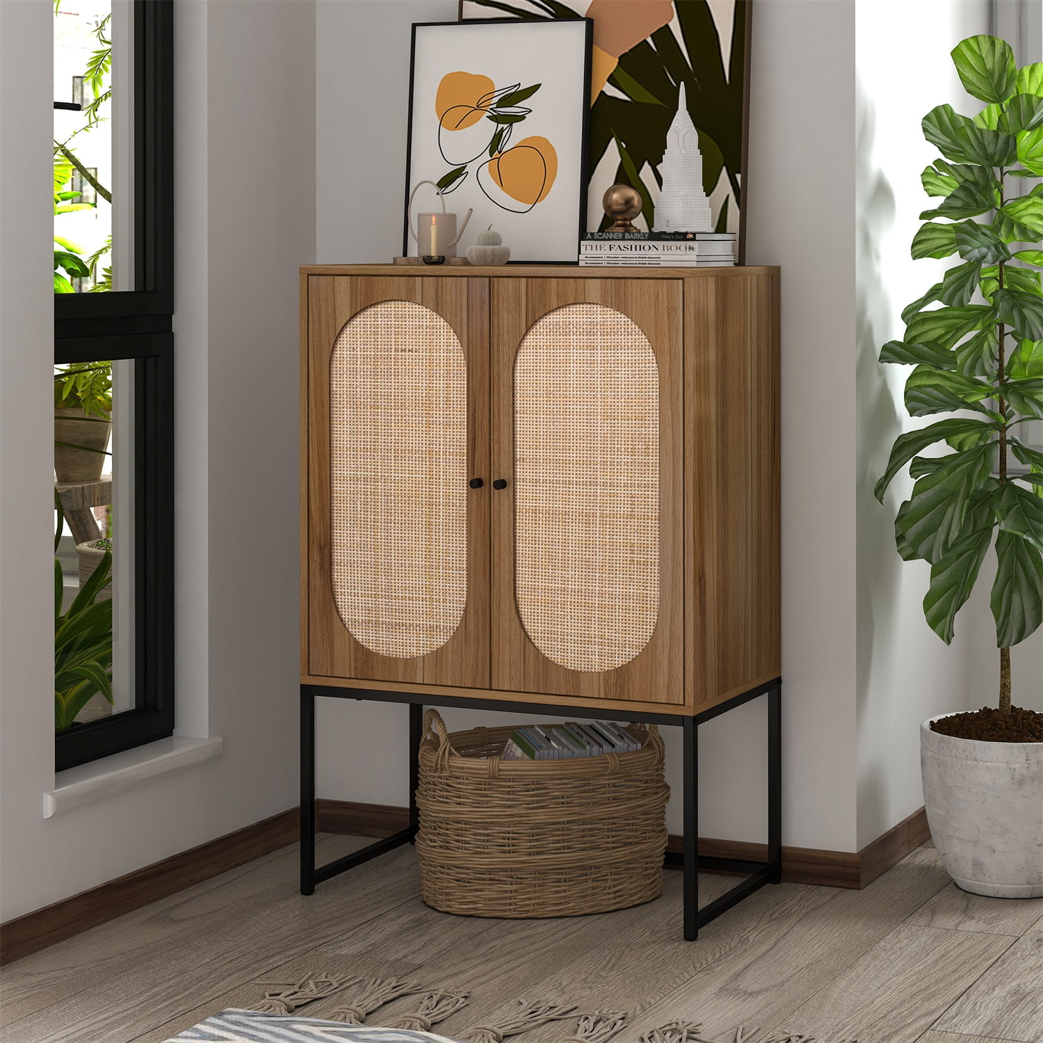 Kadyn Kitchen Storage Cabinet, Natural Rattan Floor Storage Cabinet with 2 Doors, MDF Free Standing Bathroom Cabinet for Bedroom, Walnut Kadyn Kitchen Storage Cabinet, Natural Rattan Floor Storage Cabinet with 2 Doors, MDF Free Standing Bathroom Cabinet for Bedroom, Walnut