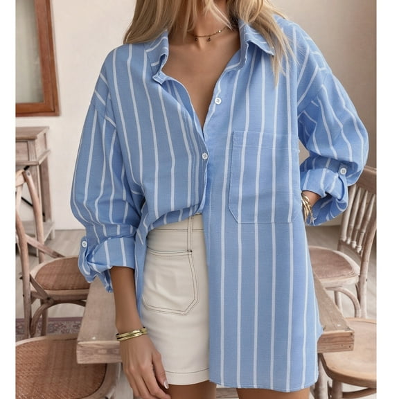 AUNVITO Women's Loose Fit Collar Striped Shirt Top Casual Commuting Long Sleeve Jacket with Chest Pocket