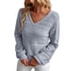 thumbnail image 1 of Suéter de punto holgado de manga larga con cuello en V para mujer, color azul, talla L, elegante blusa calada para otoño e invierno, 1 of 6