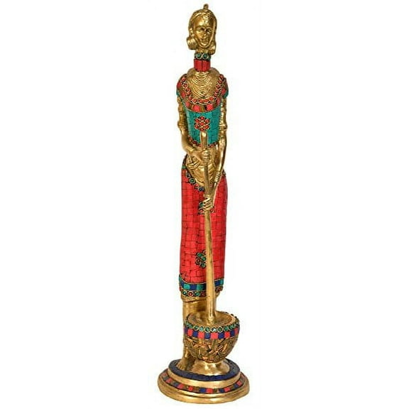 Exotic India African Tribal Lady Pounding Rice - Brass with Inlay