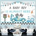 thumbnail image 2 of 5x3ft Vintage Blue Race Car Baby Shower Backdrop - A Baby Boy is Almost Here Decorations, Let’s Go Racing Car Themed Photography Background for Pregnancy Celebration Newborn Party, 2 of 6