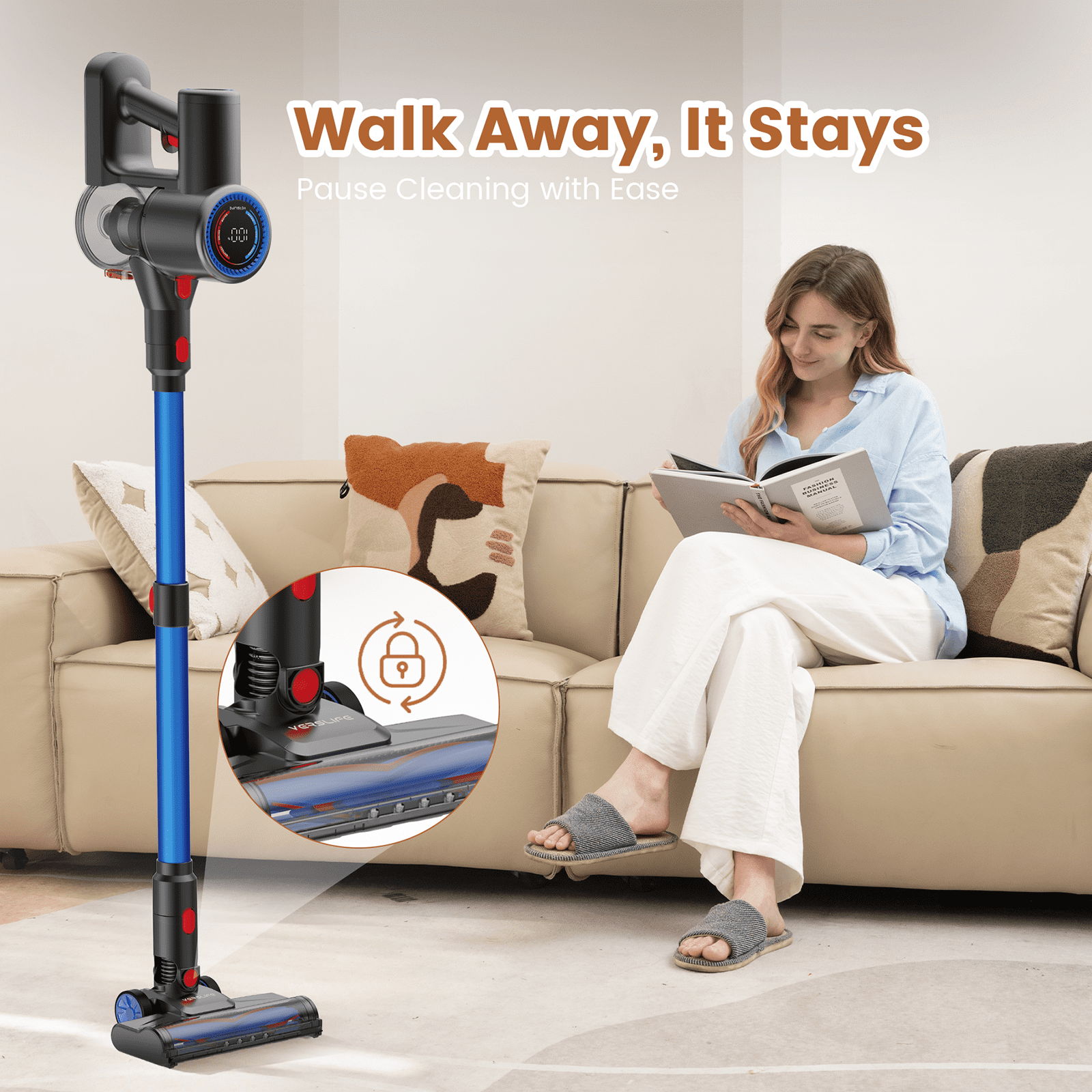 Cordless Vacuum Cleaner, 40kPa/500W Power Suction, LED Display, 6-in-1 Lightweight Stick Vacuum with Green LED Light, 6-Stages Filtration, Self-Standing for Pet Hair Hard Floor Carpet