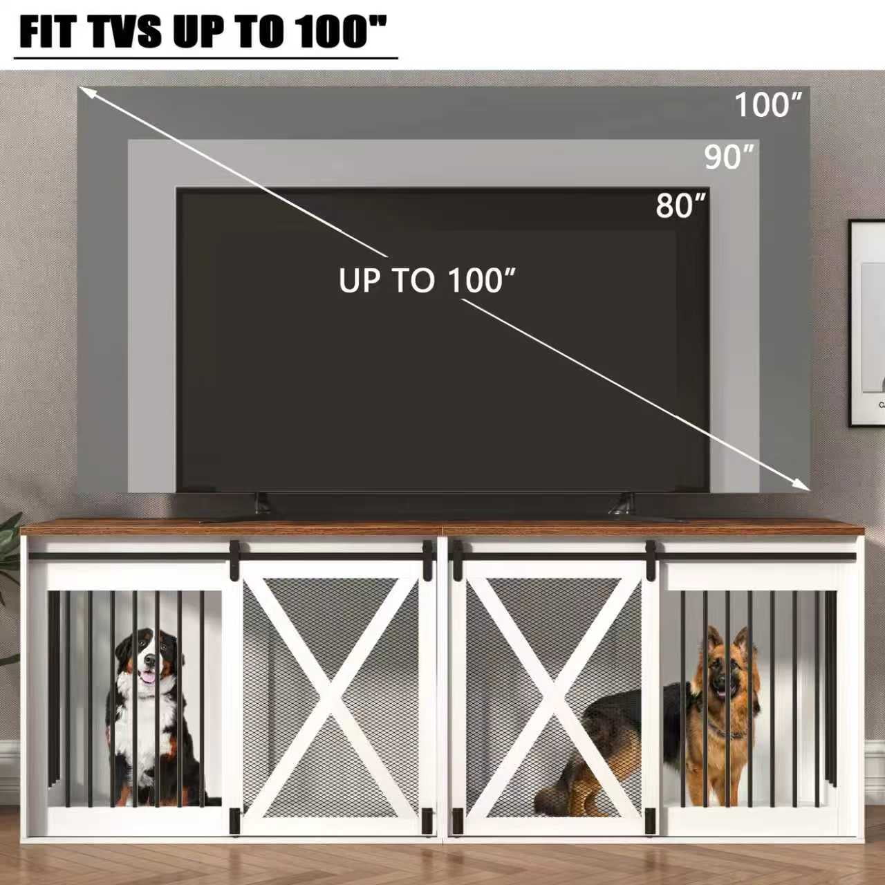 94.5" XXXL Dog Crate Furniture for 2 Medium or Large Dogs, Farmhouse Dog Kennel TV Stand with Sliding Door and Removable Divider (White)