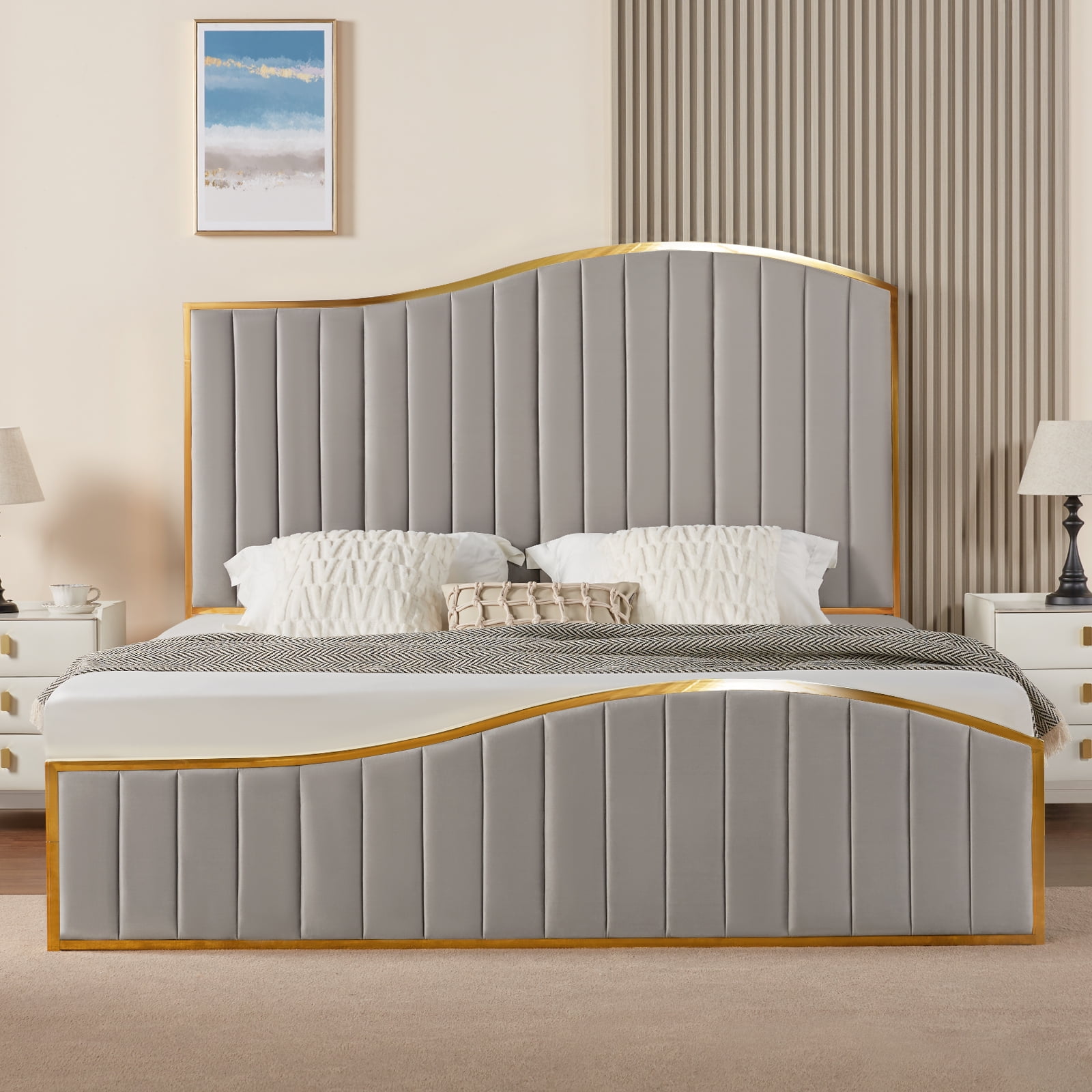 VanAcc Queen Size Platform Bed Frame 61.4" Vertical Channel Gold Trim Headboard ï¼ Footboard Grey