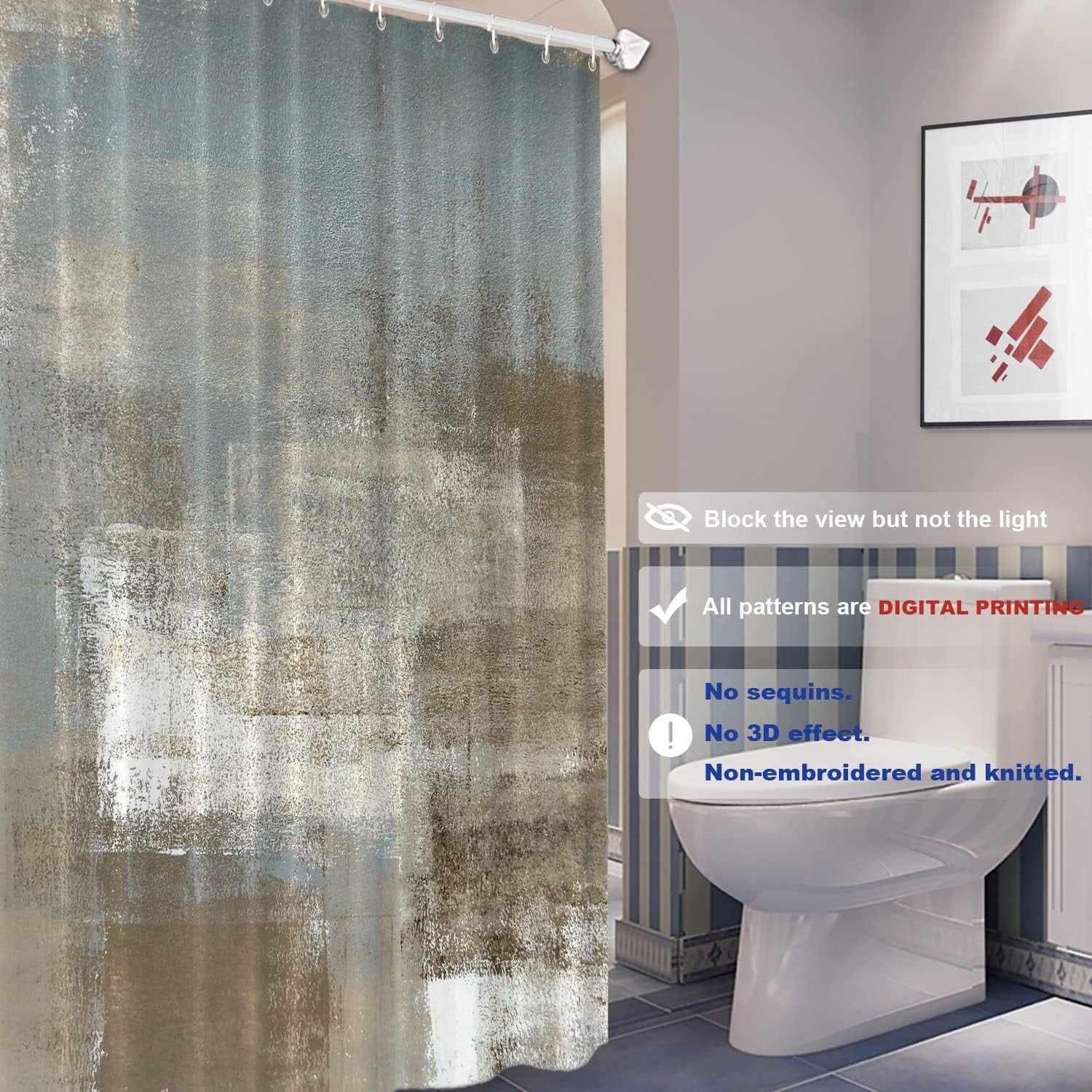 Taupe Squares Texture Decor Shower Curtain,Grey and Beige Abstract Painting Bathroom Decor Polyester Fiber Plastic Rings Quick-Drying Waterproof for Bathtubs/Bathroom, 72x72 inches