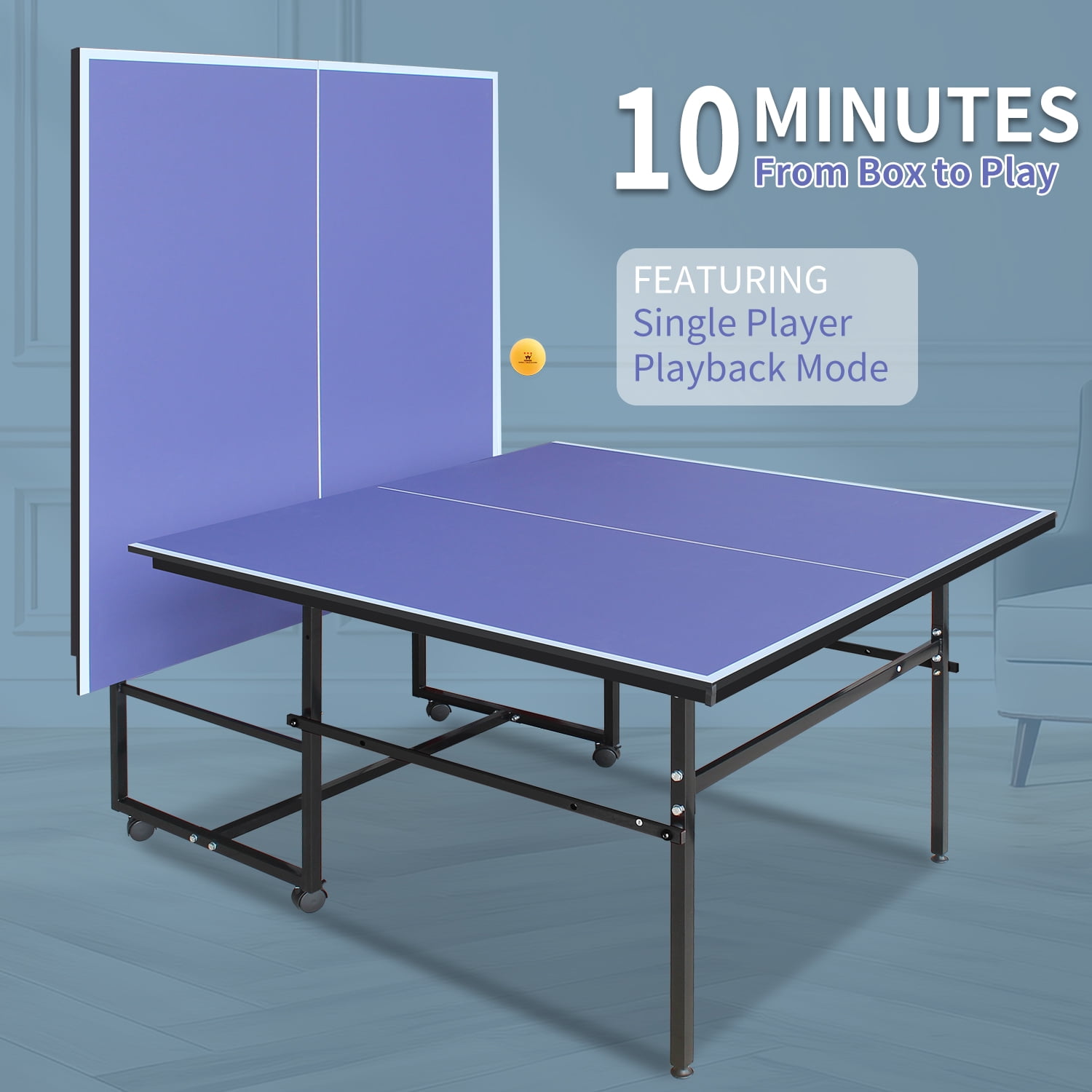 KL KLB Sport 8.5*4. 3ft Foldable Ping Pong Table with Wheels, Table Tennis Table with Net, Paddles & Balls for Indoor, Blue