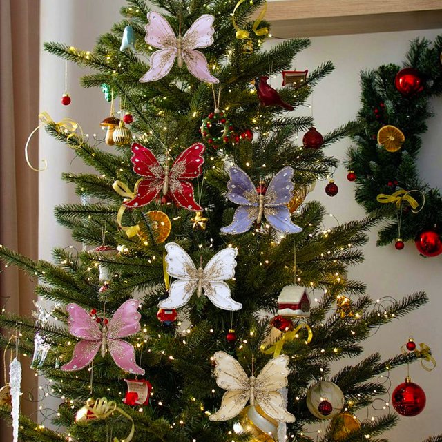 Adornos y Mariposas para Árbol de Navidad, Detalles Dorados Brillantes, Tela Suave y Duradera, Decoración Festiva para Techo y Pared, Accesorios para Árbol de Navidad, Regalos de Año Nuevo, Colgante