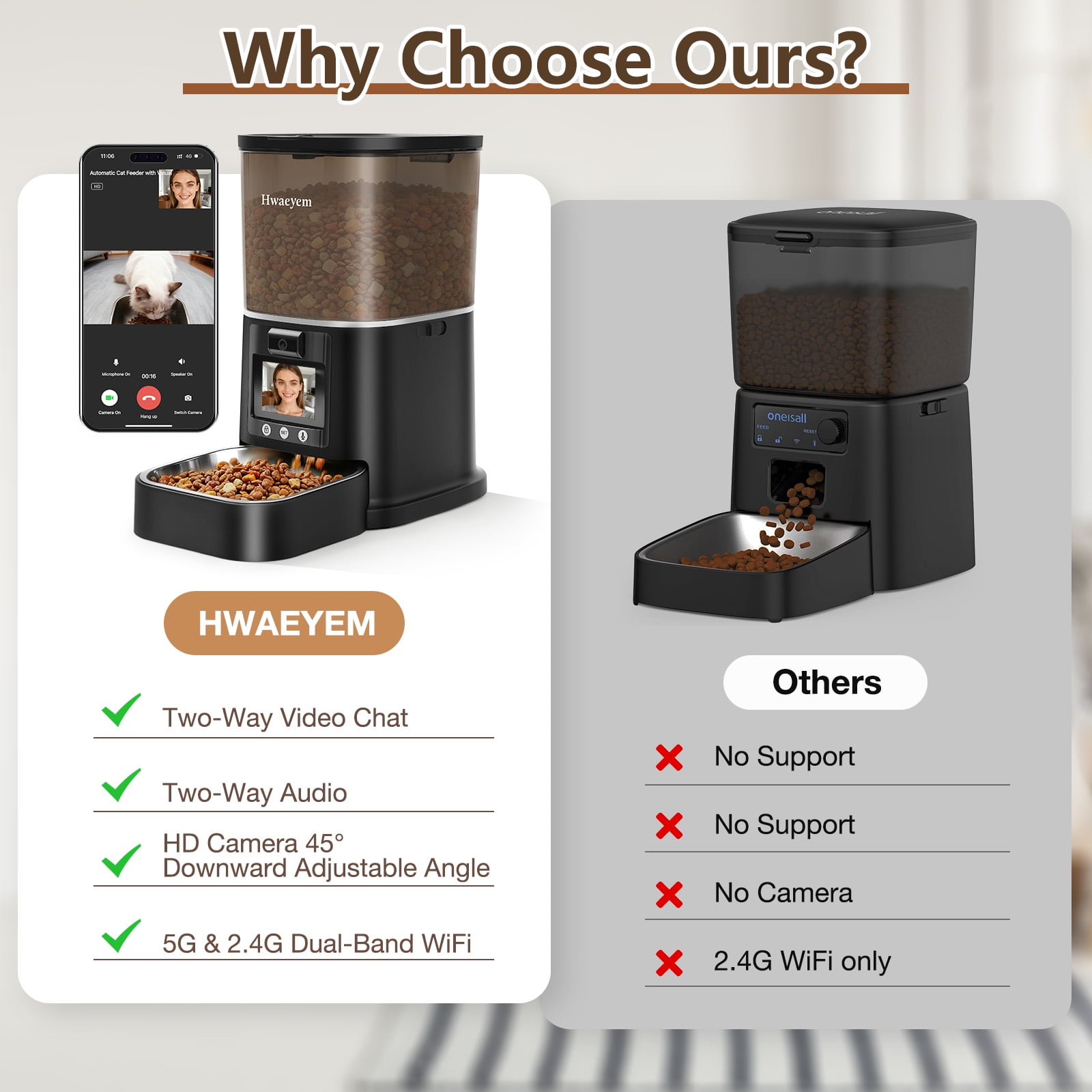 Automatic Cat Feeder with Camera, 5G WiFi Smart Food Dispenser, APP Remote Control, Timed Portion Feeding, Large Capacity Dog Cat Automatic Feeder, Black