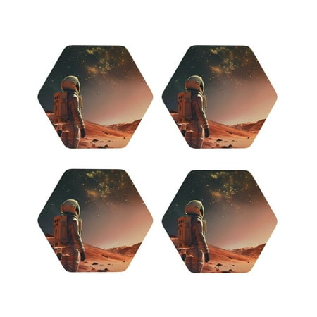 

Honeii Astronaut On Mars A Print Leather Coaster Set of 4 Ideal for Safeguarding Your Furniture from Drinks Spills and Effortless Cleanup-Hexagon