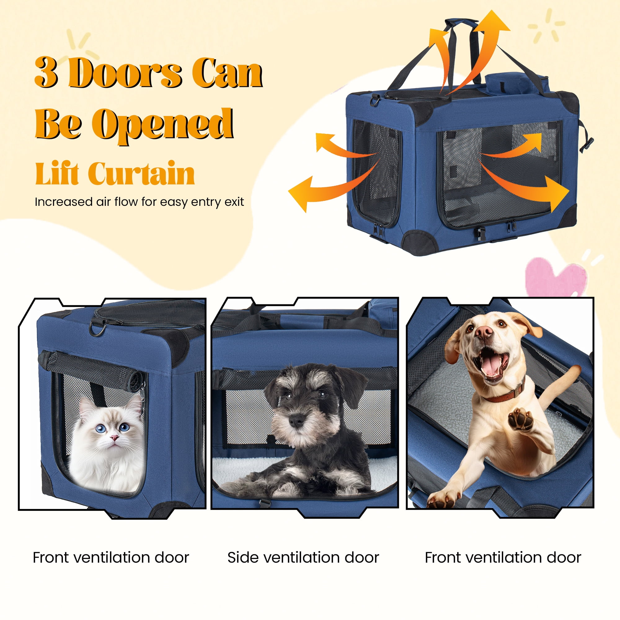 ZephyPaws Portable Dog Crate,32"x22"x22" Collapsible Dog Travel Crate for Medium/Large Dogs with Soft Blanket,Foldable Bowl & Poop Bag Dispenser,Indoor & Outdoor Use,Blue