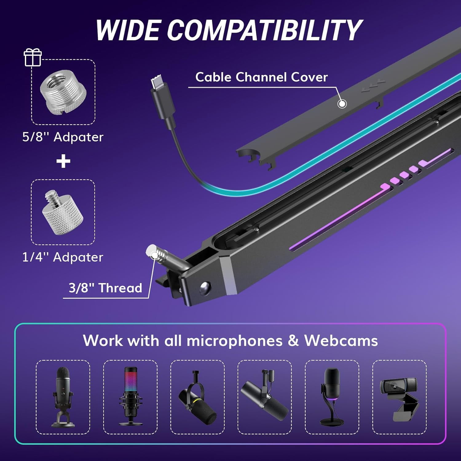 RGB Gaming Mic Arm Low  Microphone  Stand with Controllable Light for Streaming Studio T90LP