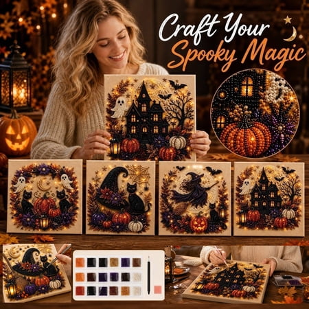 Halloween Pearl Diamond Art Diy Kit | Pre-Stretched Canvas Art Wall Decor | Black Cat Witch Hat Pumpkin Design | Halloween Decorations for Home | Fall Seasonal Home Decor Gift for