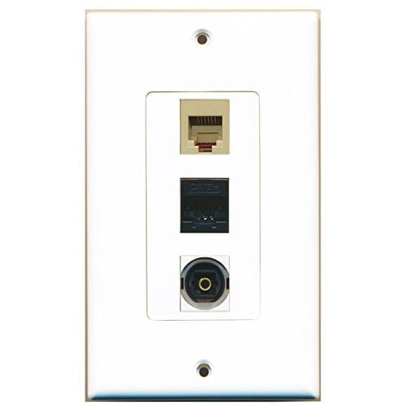 RiteAV - 1 Port Phone RJ11 RJ12 Beige and 1 Port Toslink and 1 Port Cat5e Ethernet Black Wall Plate Decorative