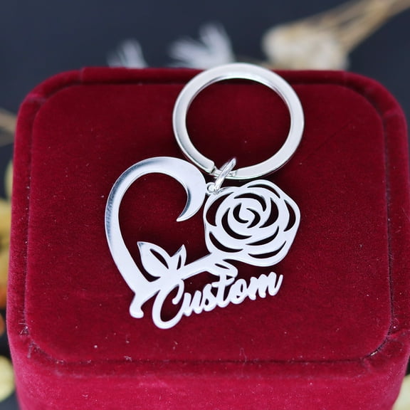 Custom Name Keychain Rose Heart Stainless Steel Key Chain Birthday Valentine's Gift Engraved Nameplate Wedding Keyring