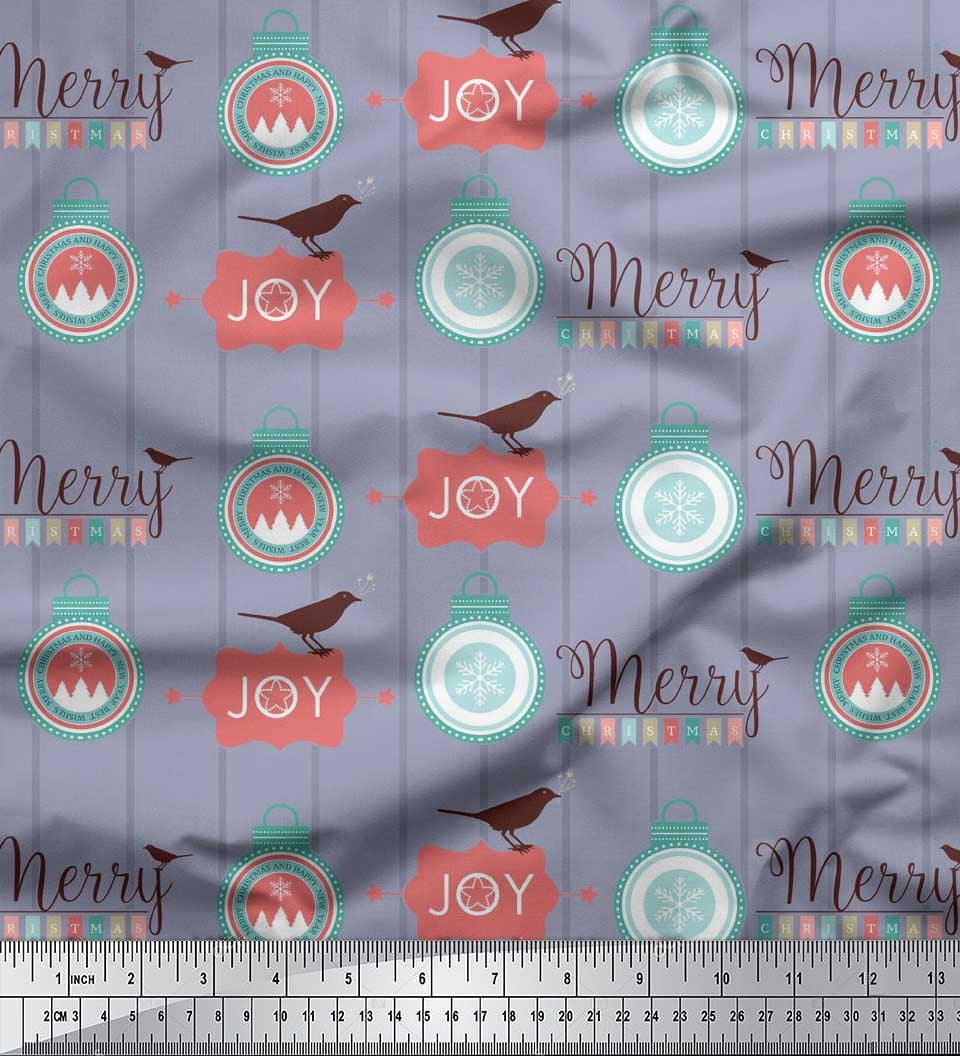 Soimoi Grey Heavy Satin Fabric Bird,Stripe & Baubles Christmas Print Fabric by Yard 54 Inch Wide
