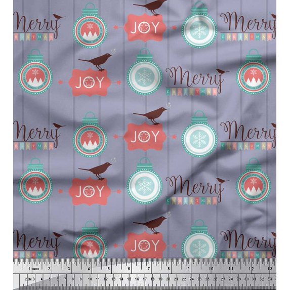 Soimoi Grey Rayon Crepe Fabric Bird,Stripe & Baubles Christmas Fabric Prints By Yard 46 Inch Wide