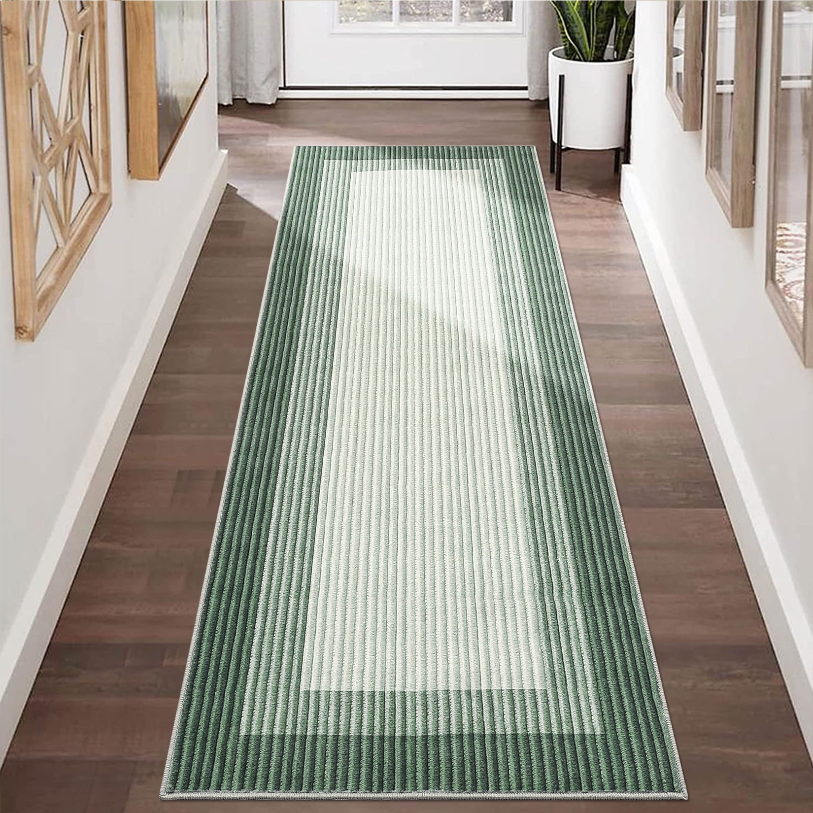 FairOnly 2'x6' Green Machine Washable Runner Rugs Bordered Modern Runner Rugs for Hallway Entryway Laundry Room Kitchen Throw Rug