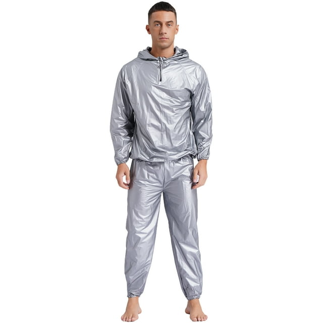 iiniim Men's Anti-Rip Sauna Suit Weight Loss Sweat Suit Training Gym Workout with Jacket Hood Type B Silver L