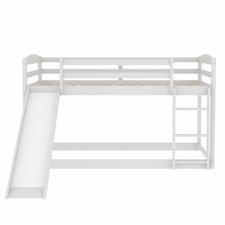 Euroco Solid Wood Twin Over Twin Bunk Bed with Slide, White photo 4