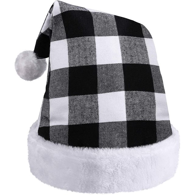JM Gorro de Papá Noel para adultos, terciopelo rojo, cuadros negros, suministros para fiesta de Navidad, gorro de Papá Noel, gorro de Papá Noel a cuadros en blanco y negro, sombrero de Navidad (blanco y negro) JM RV021031-01372SDJ