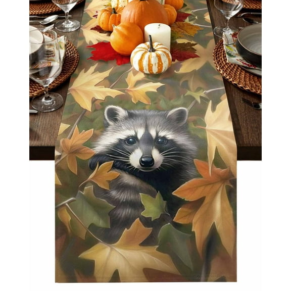 Forest Raccoon Animal Table Runner-Cotton Linen- 70 Inch Holiday Dresser Scarves, Retro Fall Autumn Maple Leaves Tablerunner for Kitchen Coffee/Dining Bedroom Living Room Dinner Scarf Décor 13x70