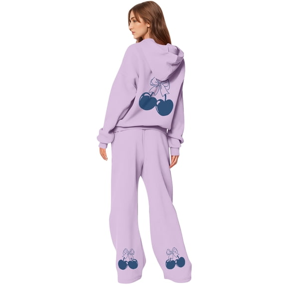 CIENVNSTG Women's 2 Piece Outfits Bow Trim Print Long Sleeve Hoodie Sweatsuit Sets Sweatshirt Comfortable Loose Wide Leg Sweatpants Purple 2XL
