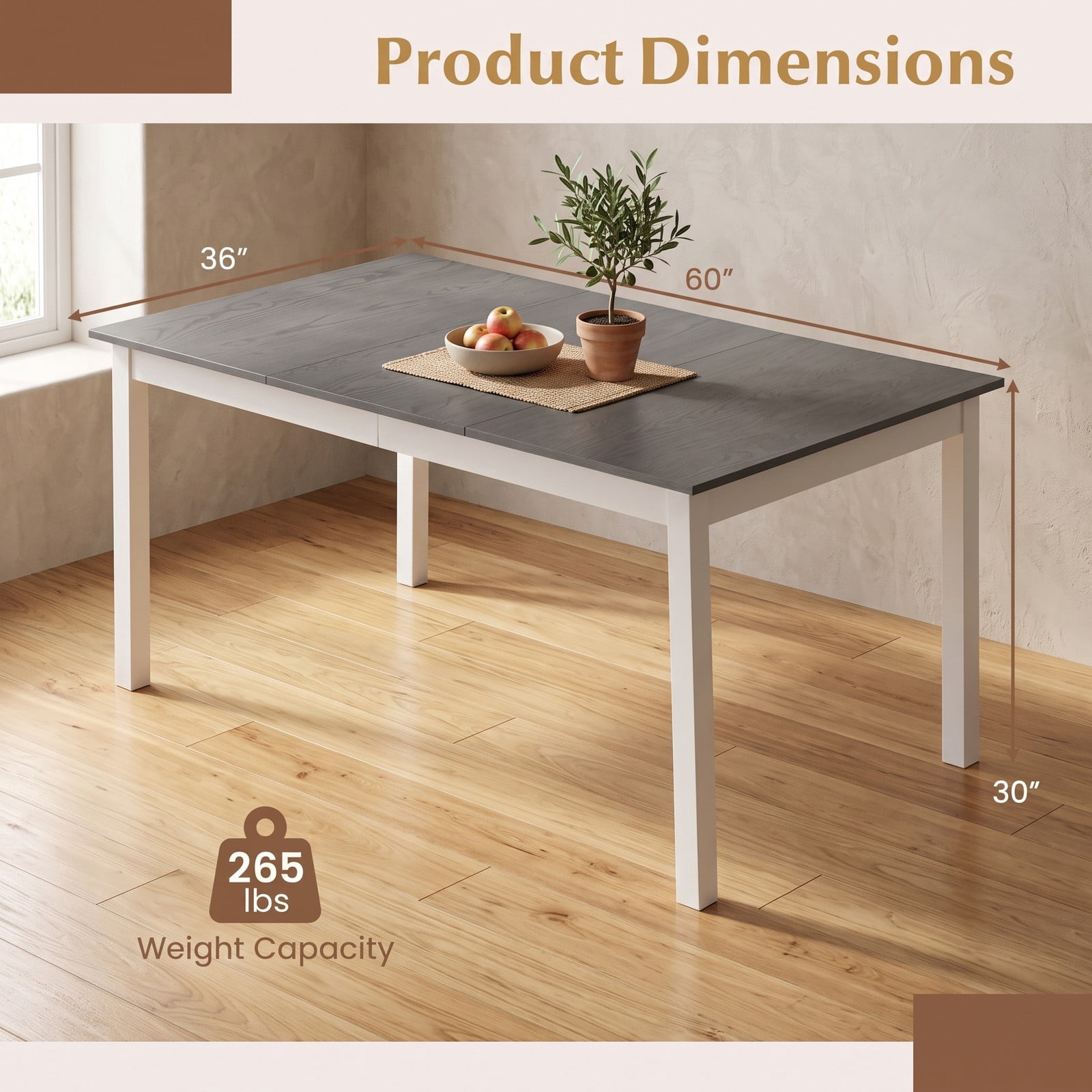 Furnibear 60 Inch Rectangular Dining Table for 6, Kitchen Dinner Table with Solid Rubber Wood Legs and Spacious Wood Grain Tabletop for Dining Room Restaurant, Gray