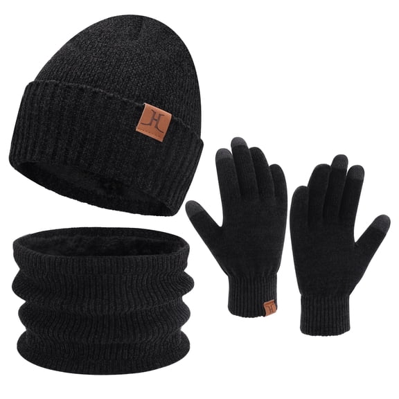 FZ FANTASTIC ZONE Womens Mens Winter Beanie Hats Scarf Touchscreen Gloves Set Warm Chenille Fleece Lined Skull Caps Neck Warmer Gifts for Women Men Black