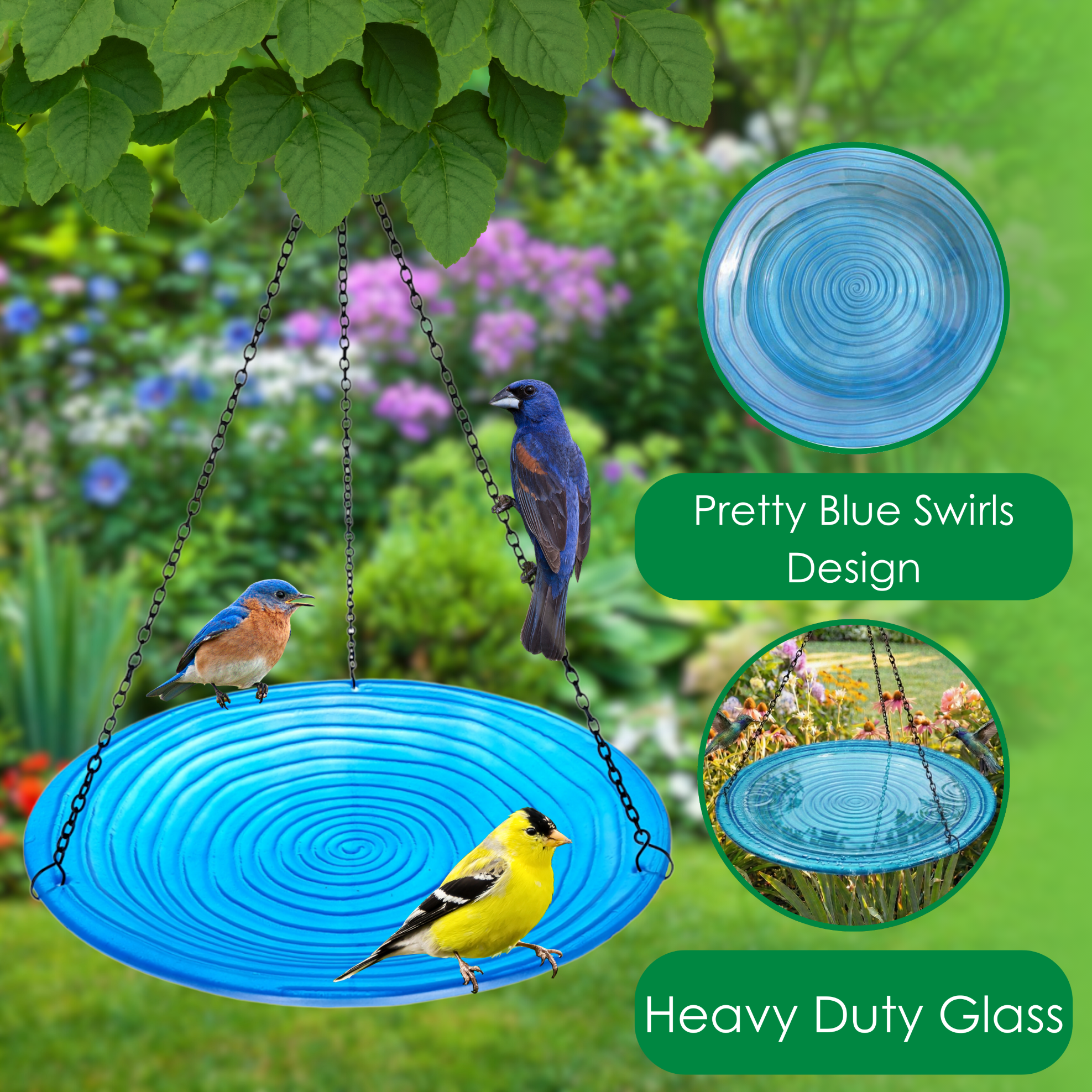 Songbird Essentials Hanging Bird Bath, Outdoor Glass Birdbath, Blue Swirls