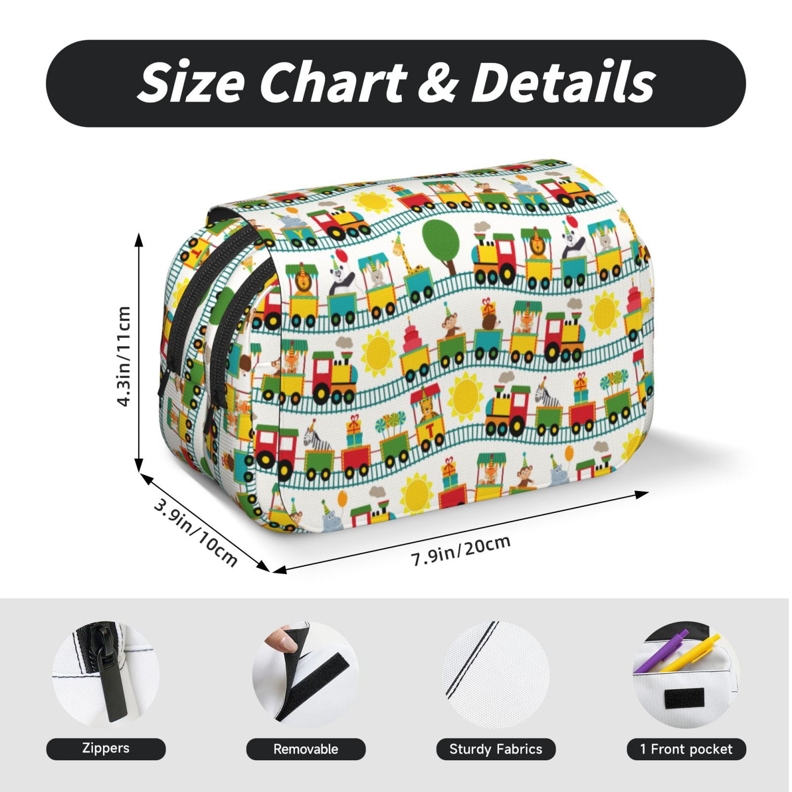 Rateoe Train With Animals Pattern Double Clamshell Pen Case, Storage Organizer with Two Zipper Compartments– Holds Up to 50 Pencils & Pens