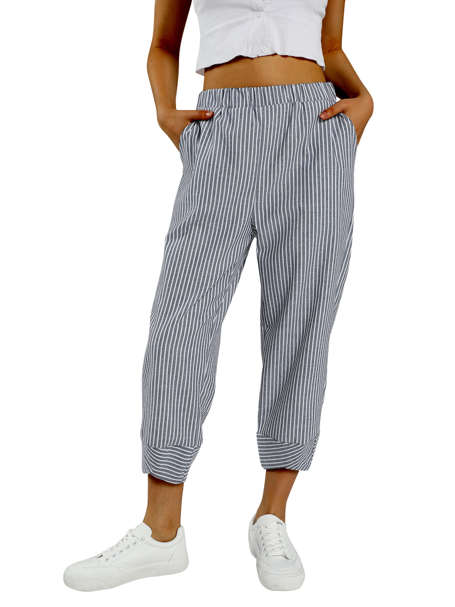 Wide Leg Pants For Women Casual Summer Linen Aesthetic Graphic Elastic Waist Loose Capris Crop With Pockets Beach Trousers 