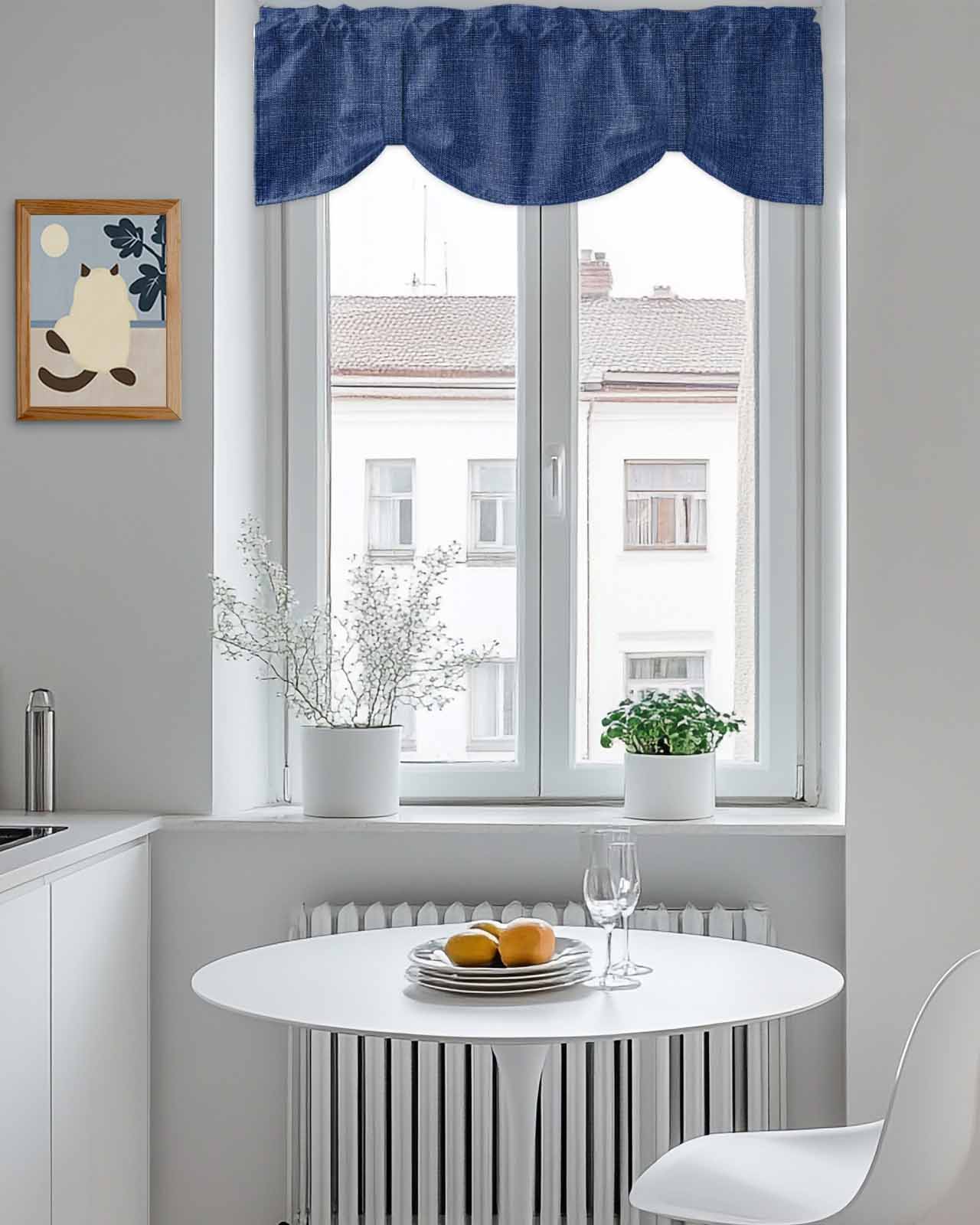 Navy Blue Linen Tie Up Valances Curtain, Adjustable Kitchen Farmhouse Pure Color Country Vintage Valances for Windows Decor, Rod Pocket Short Curtains Set for Bedroom/Bathroom, 54"x18"