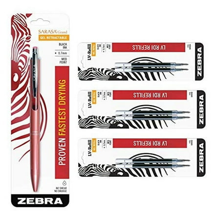 Zebra Sarasa Grand, Retractable Gel Ink Pen, Rose Gold Barrel, Medium Point, 0.7mm, Black Ink, 1-Count Bundle with 6 Refills