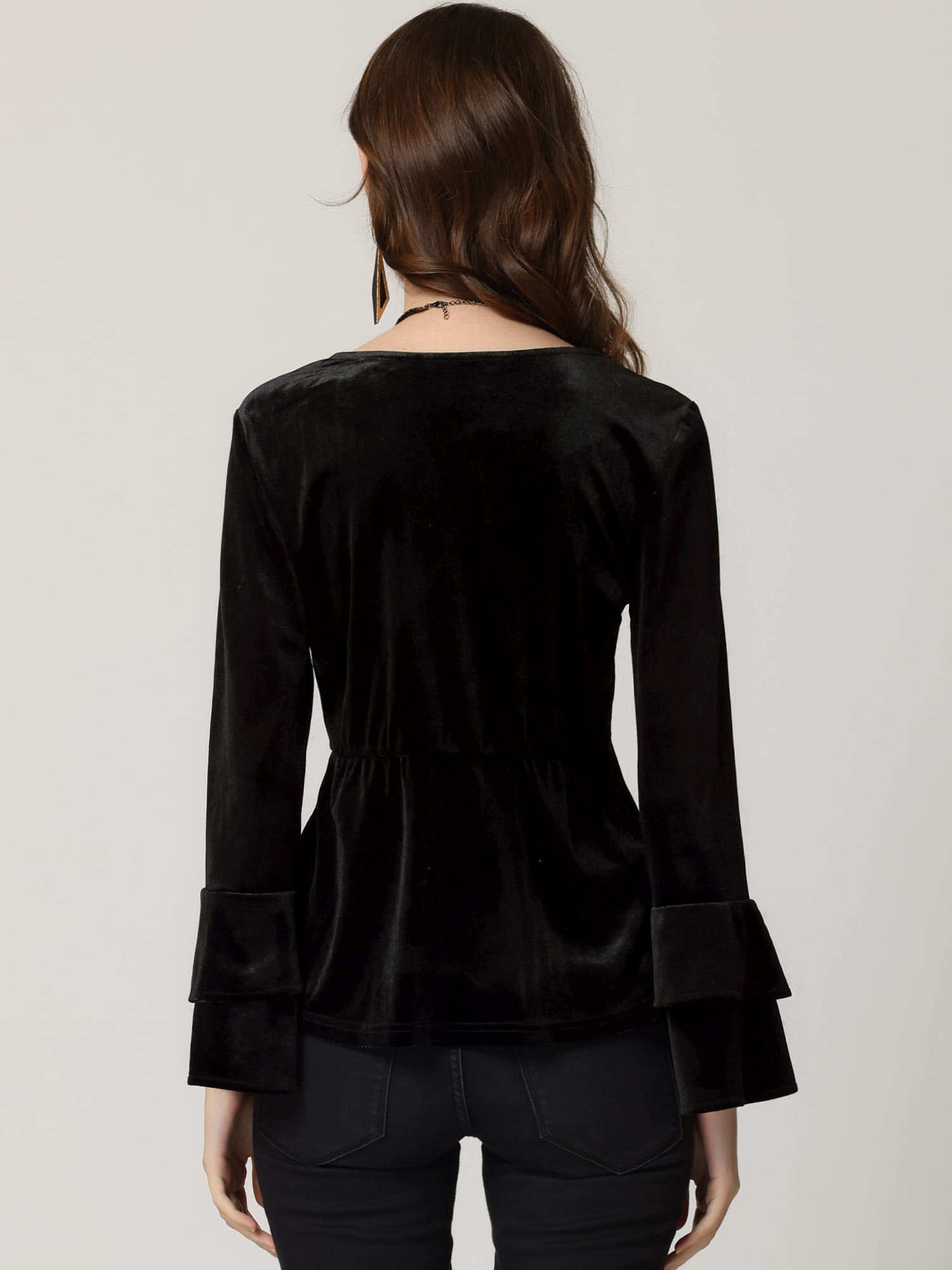 DARING DIVA Women's V Neck Velvet Blouse Flare Casual Top S Black