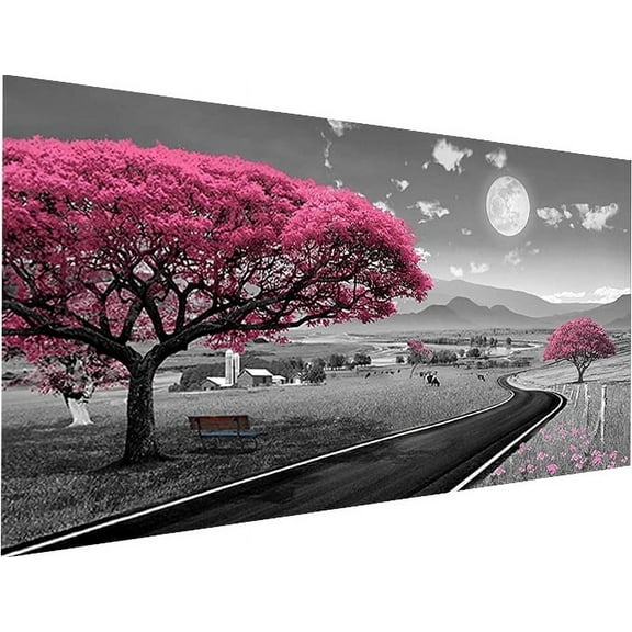 YALKIN 5D Large Diamond Painting Kits for Adults (27.6x15.7inch), Pink Tree Road Full Round Drill Nature Gem Arts Paint by Diamonds Kits Diamond Art Kits for Home Wall Decor Relax Gift