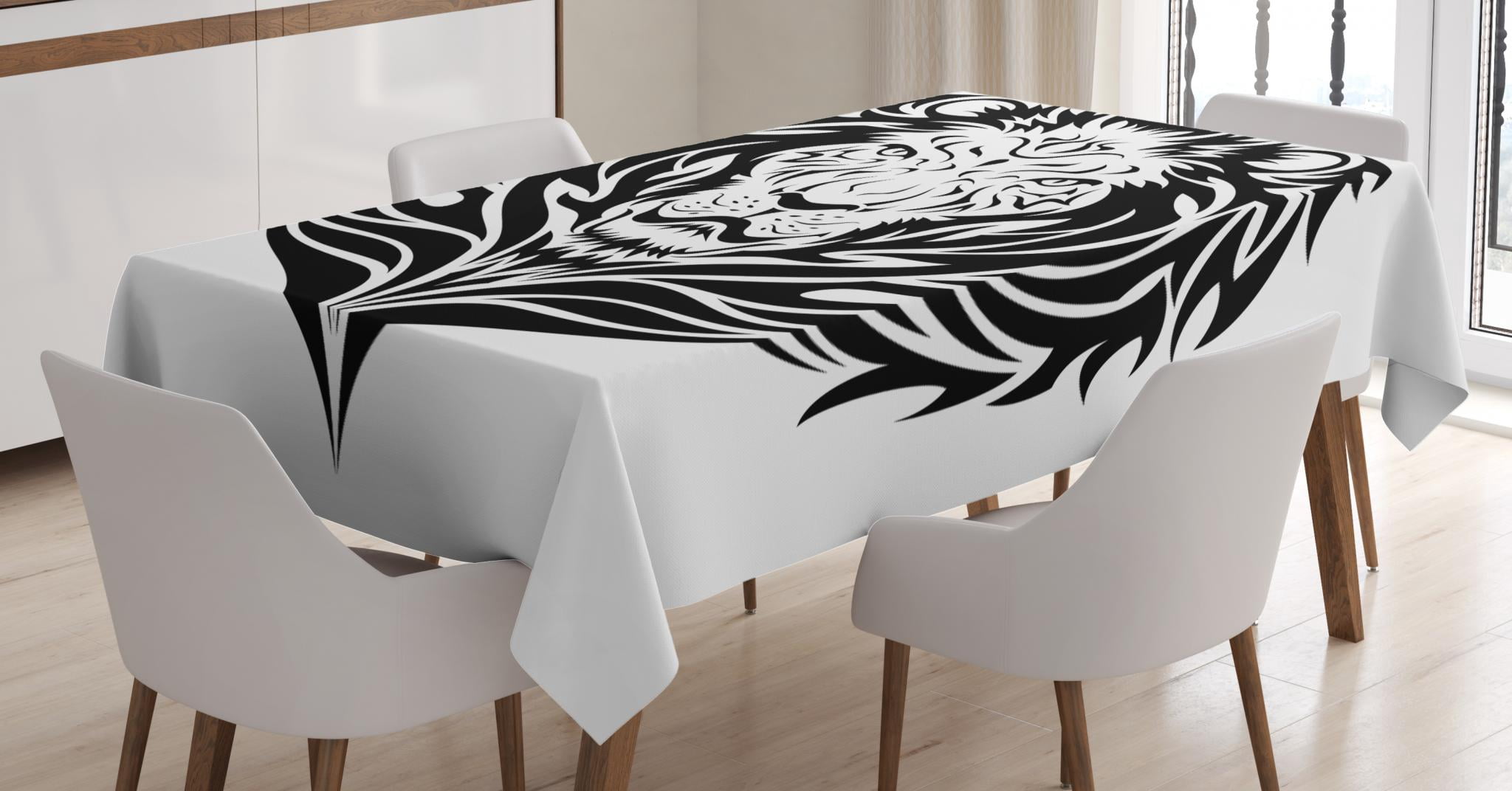 Black and White Tablecloth, Monochrome Lion Head Portrait African