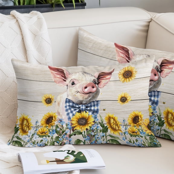 Cute Pig Lumbar Pillow Covers 12x20 Inch, Yellow Sunflowers Beige Wooden Vintage Art Decorative Pillowcase with Zipper, Microfiber Pillow Protector, Breathable Throw Pillowcases for Couch Sofa Bed