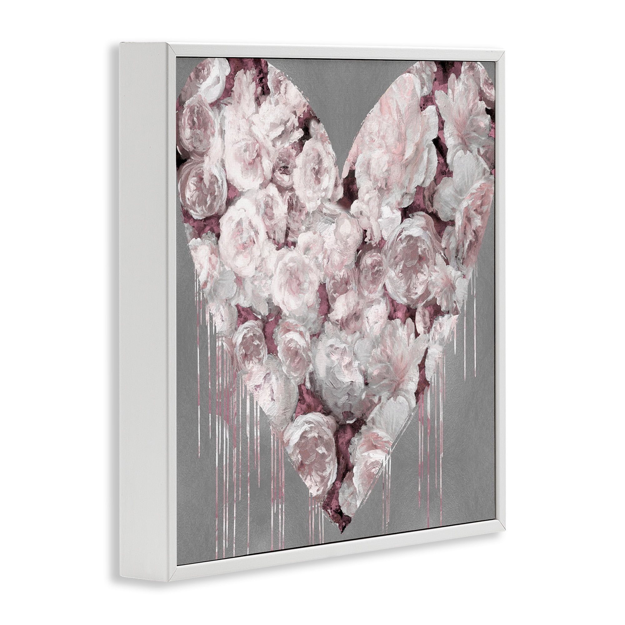 Stupell Industries Pink Rose Heart over Grey Botanical & Floral Painting White Framed Art Print Wall Art, 12 x 12