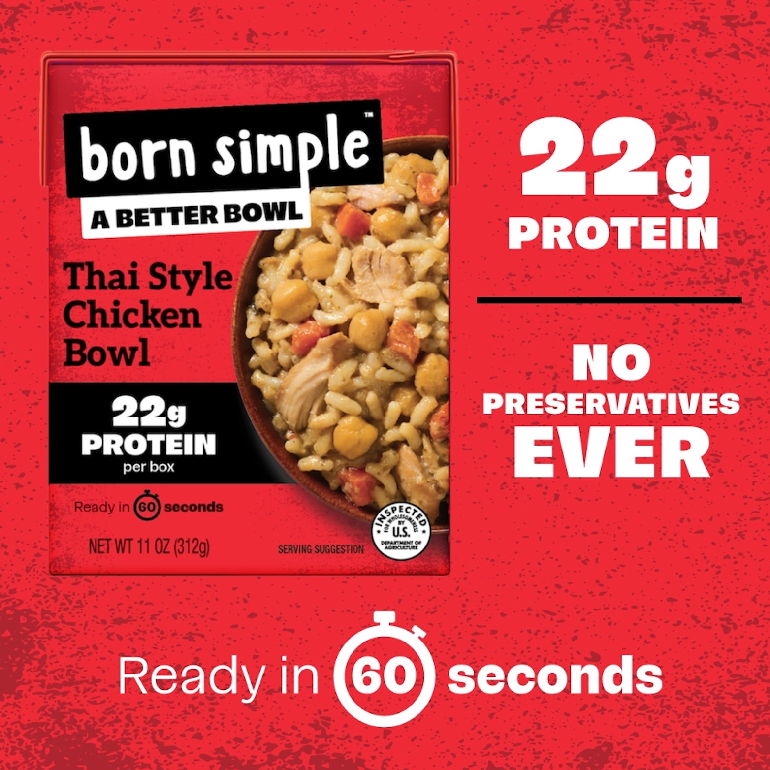 (2 pack) Born Simple Thai-Style Chicken Bowl, 11 oz Shelf-Stable Box