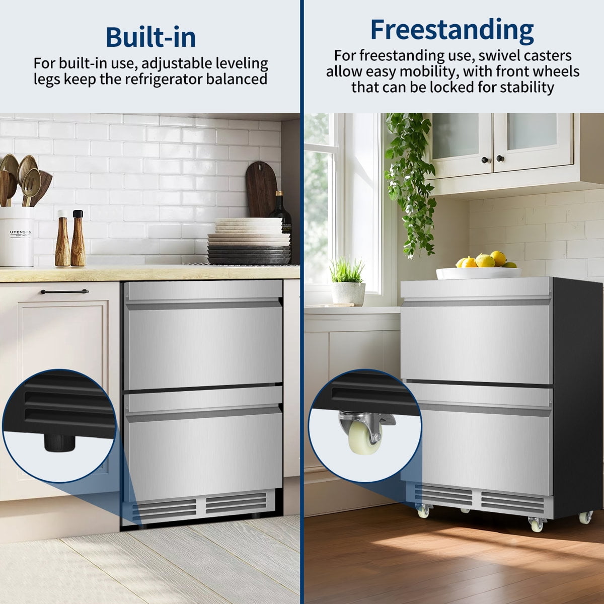 24-Inch Beverage Refrigerator Freestanding Or Built-In With Recessed Handle, Drawer Cooler, Under Counter, Locking Swivel Casters, Led Light, And Grid Organizer Home & Commercial Use