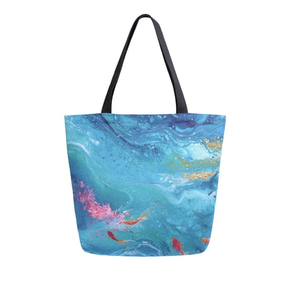 Open Top Canvas Tote Bag with Zipper Reusable Shopping Bag 13.5x15" Roomy Carryall Blue Vortex