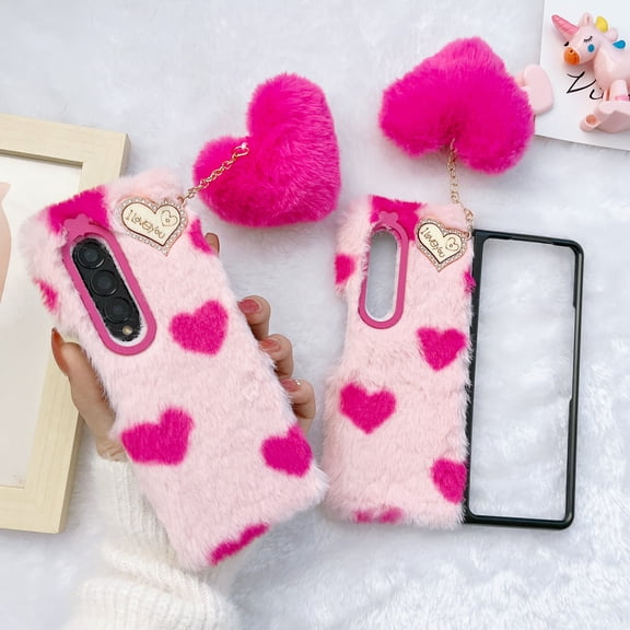 Fluffy Hearts Strap Case Compatible with Samsung Galaxy Z Fold 4 - Lovely Plush Heart Print Phone Cases for Girls Women Winter Warm Soft Back Shockproof Protective Cover for Z Fold 4 5G, Heart Pattern