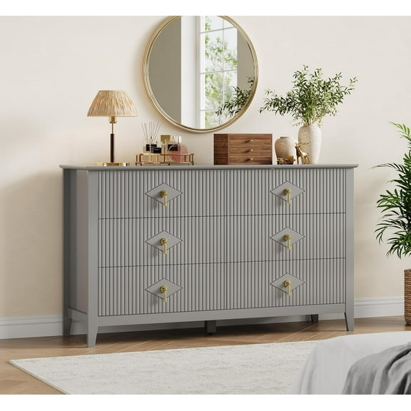 Fluted Dresser 54" Wide, 6-Drawer Wood Dresser for Bedroom, Modern Chest of Drawers, Storage Organizer Cabinet for Living Room, Hallway, Entryway