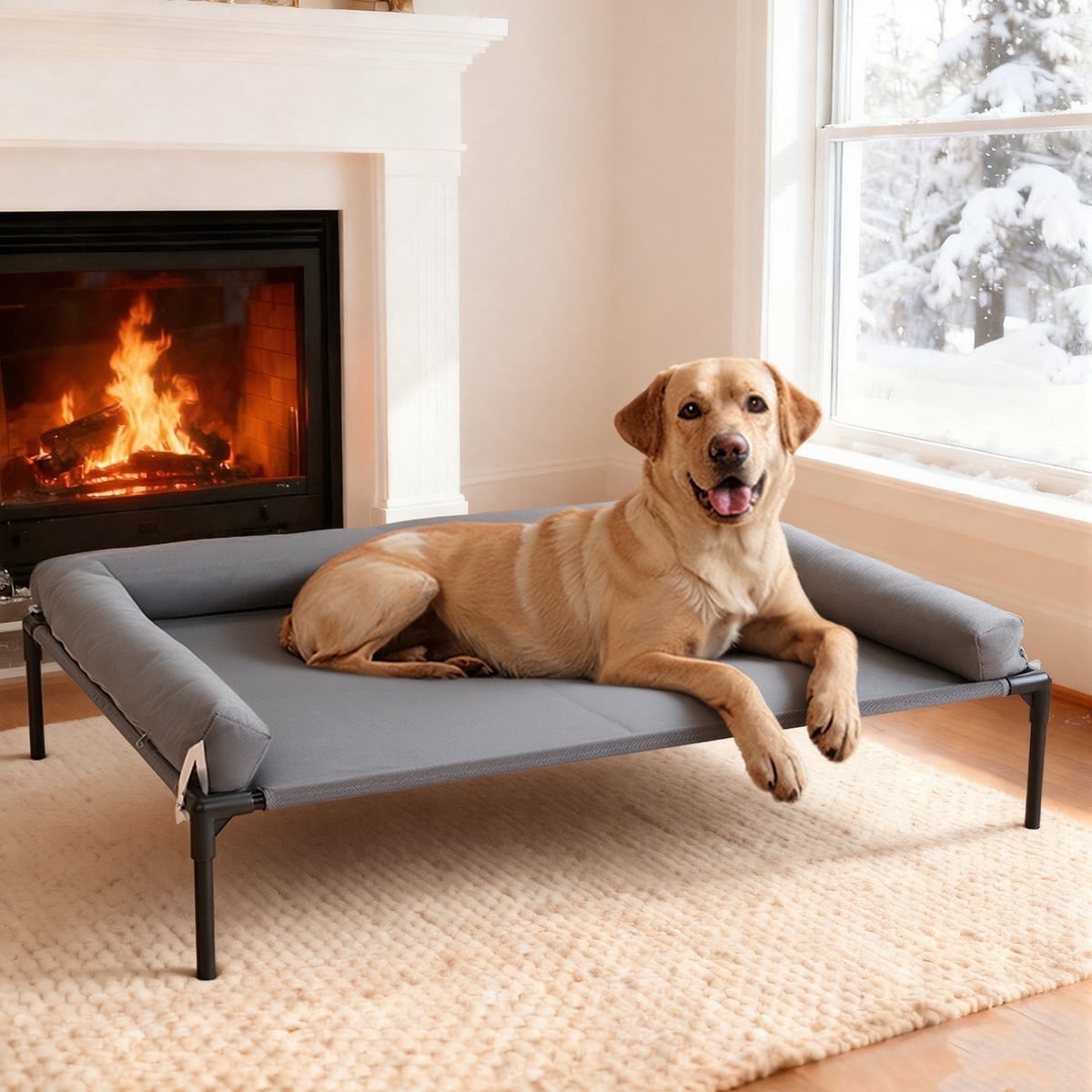 DOMIPET Cooling Elevated Dog Bed with Removable Waterproof Bolster Cushion Mat, Raised Pet Cot with Breathable Mesh, No-Slip Feet, Dog Couch Bed for Indoor Outdoor