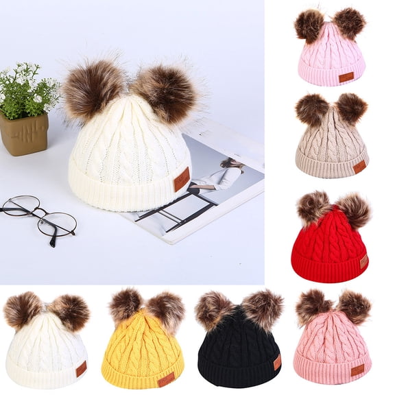 Knit Beanie Hat with Double Pom Poms, Fleece Lined Winter Hat for Men and Women, Warm Cold Weather Beanie for Skiing, Hiking, Outdoor Activities and Daily Commute-Black