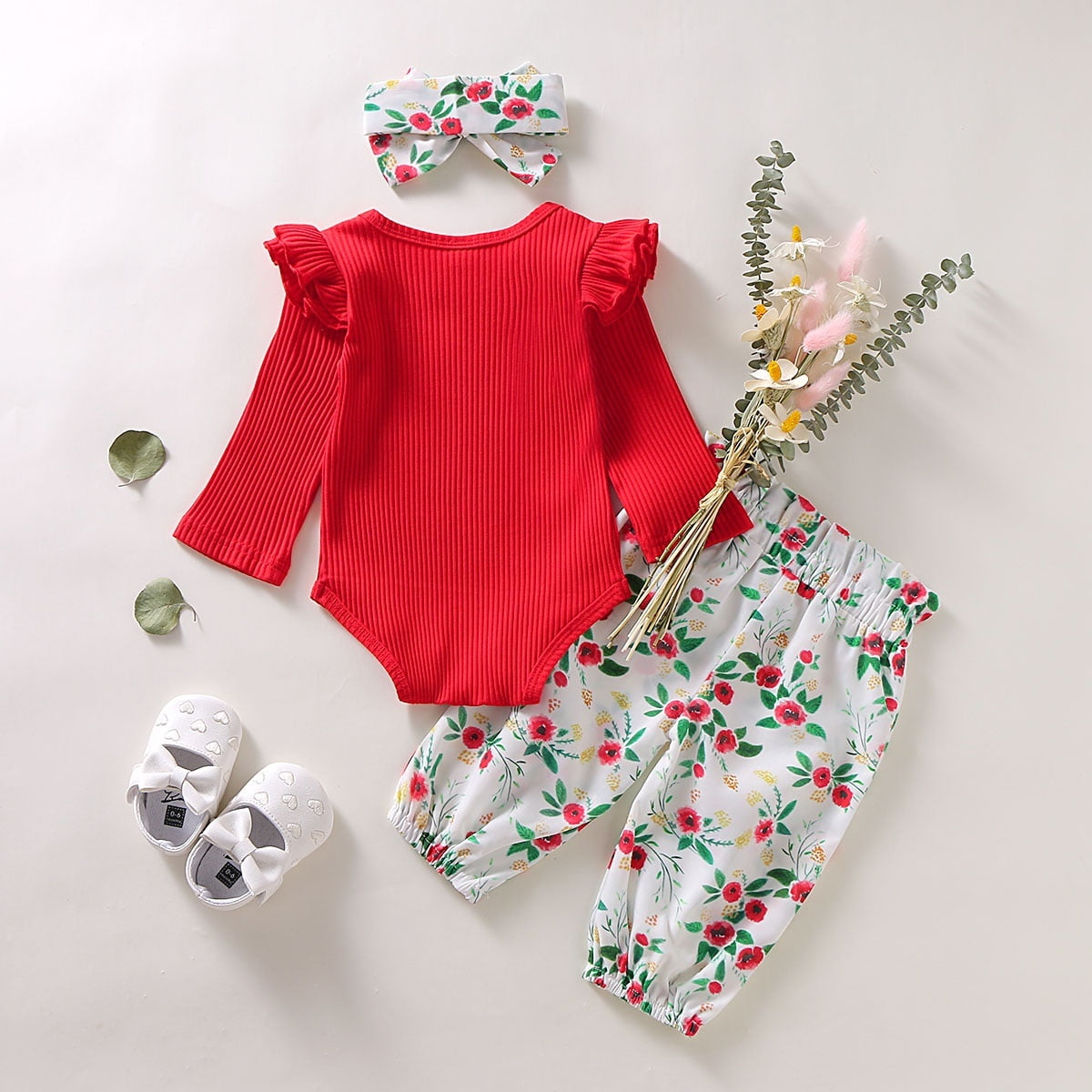 3Pcs Baby Girl/'s Romper Tops Bodysuit Flower Pants Headband Outfits Clothes Set