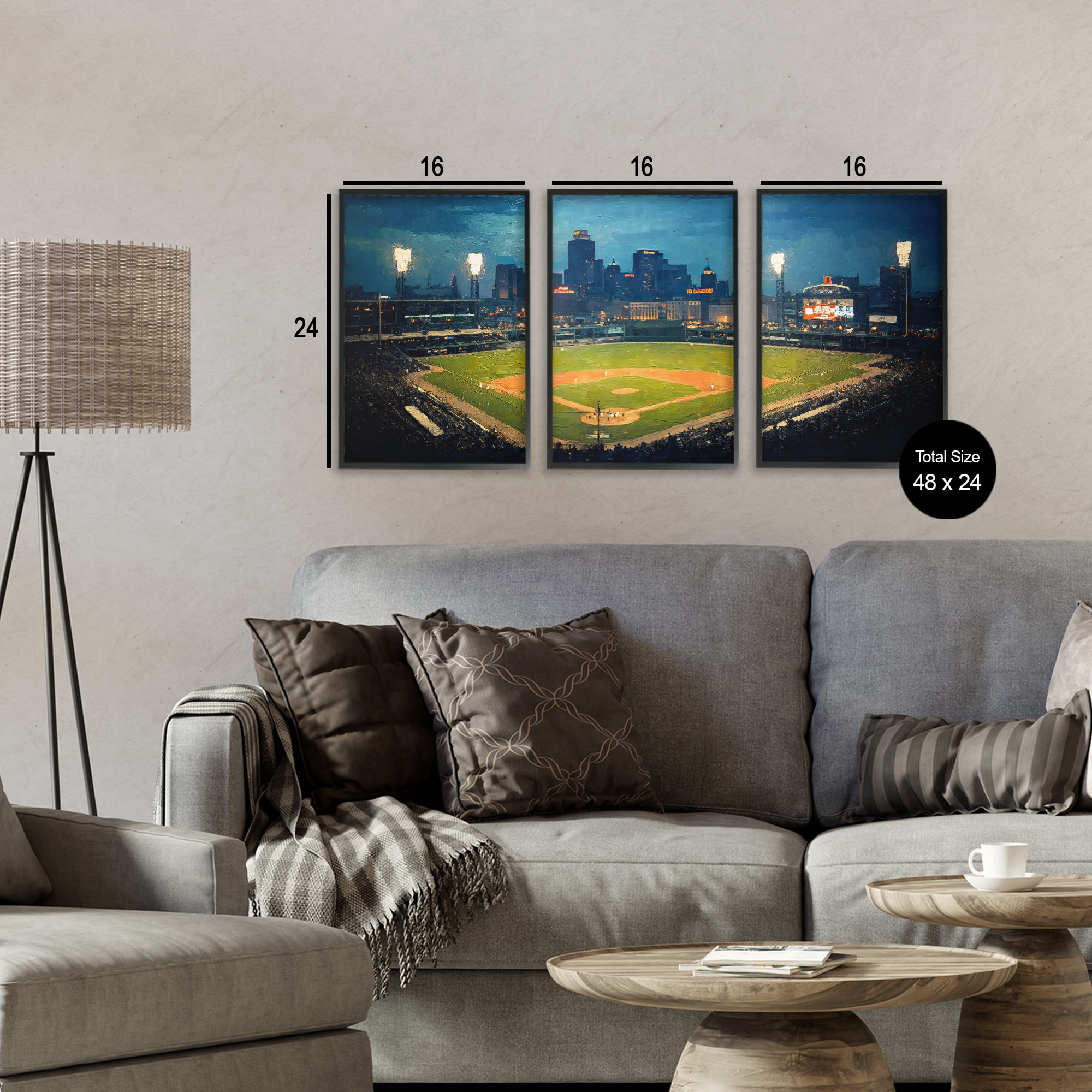 Stupell Industries Baseball Stadium Night View 3 Piece Black Framed Giclee Art Set, design by Arlington Prints