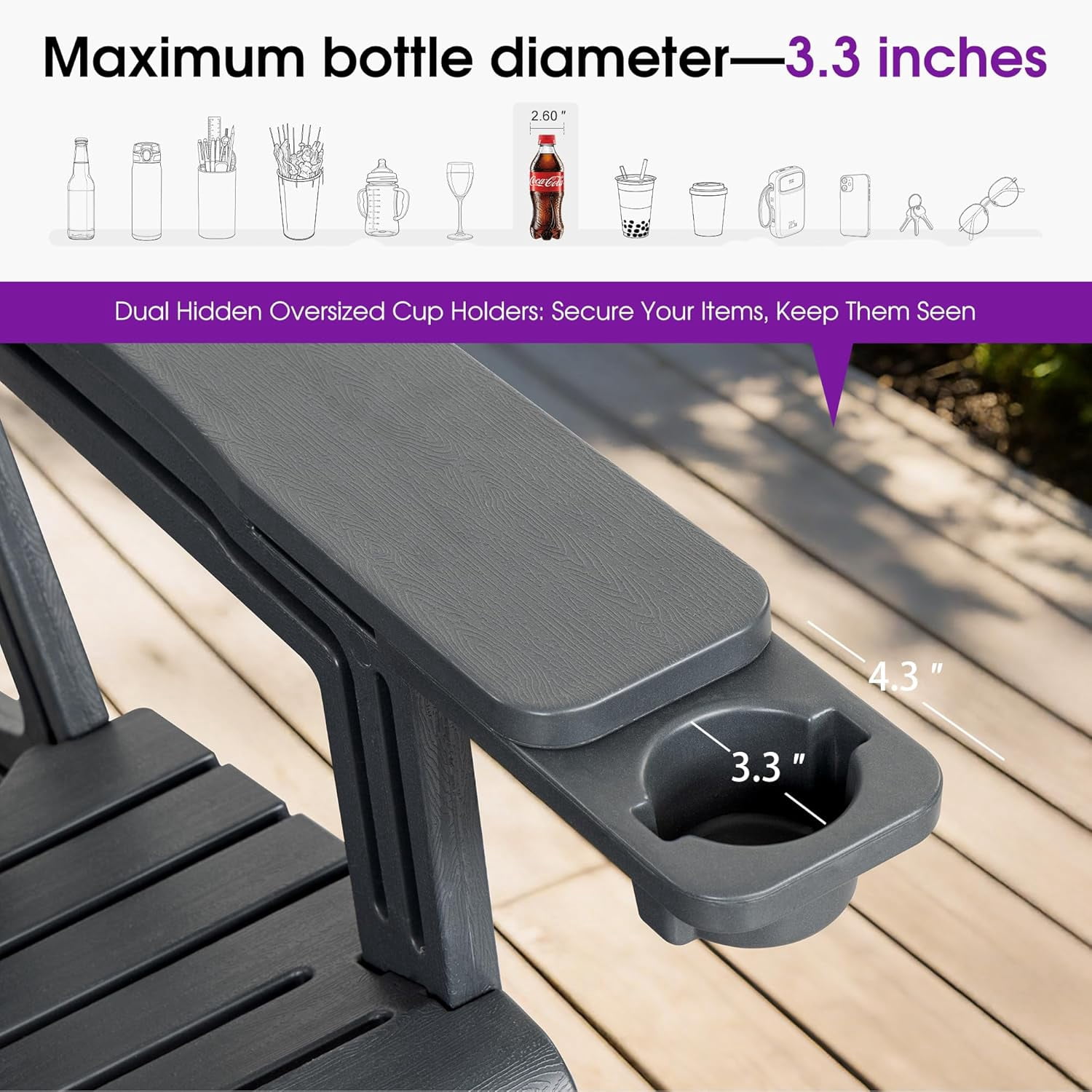 PURPLE LEAF Adirondack Chair Set of 2 HDPE All-Weather Outdoor Fire Pit Chair with 24.6" Oversized Seat Wood-Textured Patio Adirondack Chair with Dual Cup Holders for Garden Deck Backyard, Gray