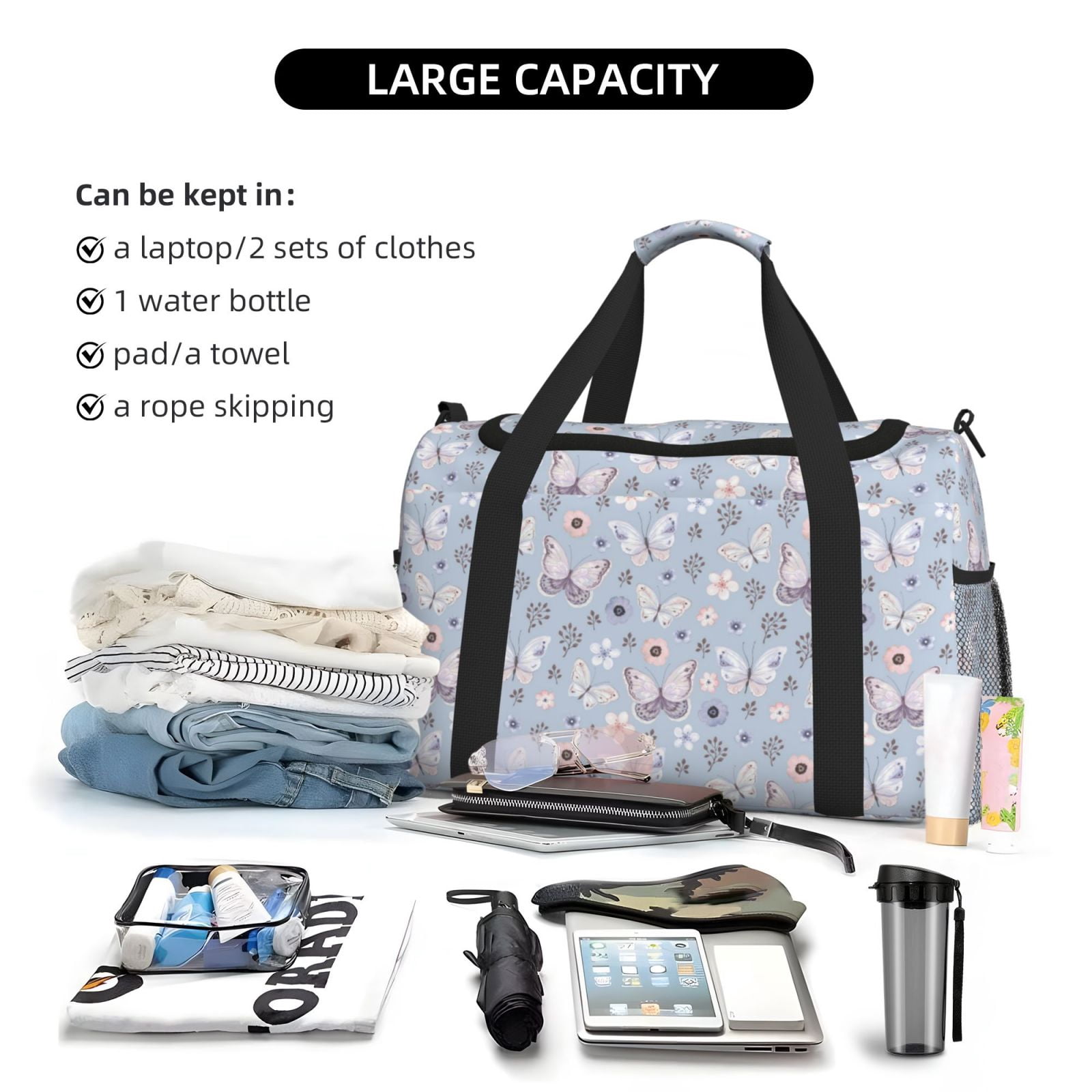 Fuzoiu Blue Butterfly Print Travel Duffle Bag,Carry On Tote Bags,Duffel Bag,Sport Gym Bag, Hospital Bag for Labor and Delivery, Overnight Bag,Luggage Bag