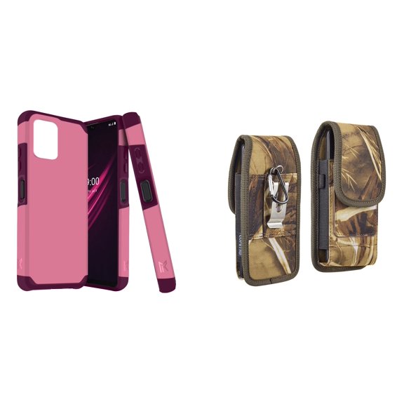 Case and Pouch Bundle for REVVL 6 5G: Dual Layer Slim Case (Pink Wine) and Vertical Rugged Nylon Belt Holster (Camo)
